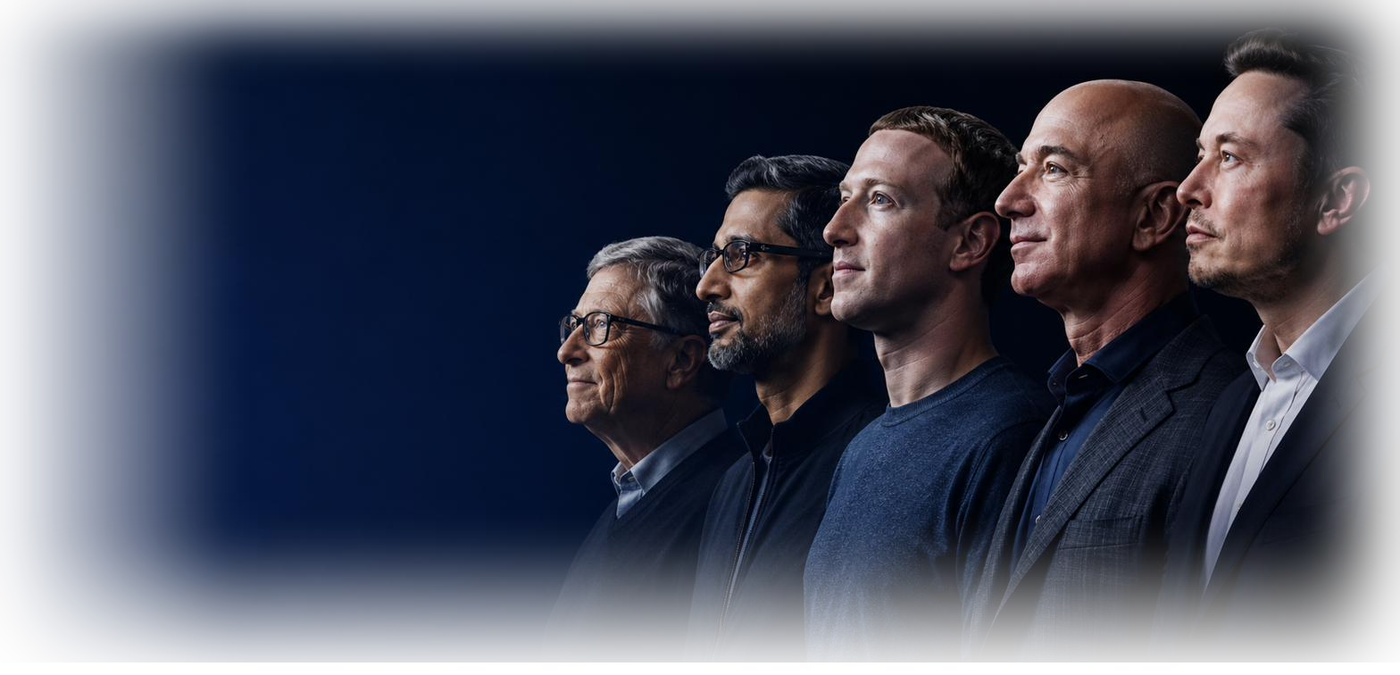 Five world-renowned entrepreneurs standing in a confident formation